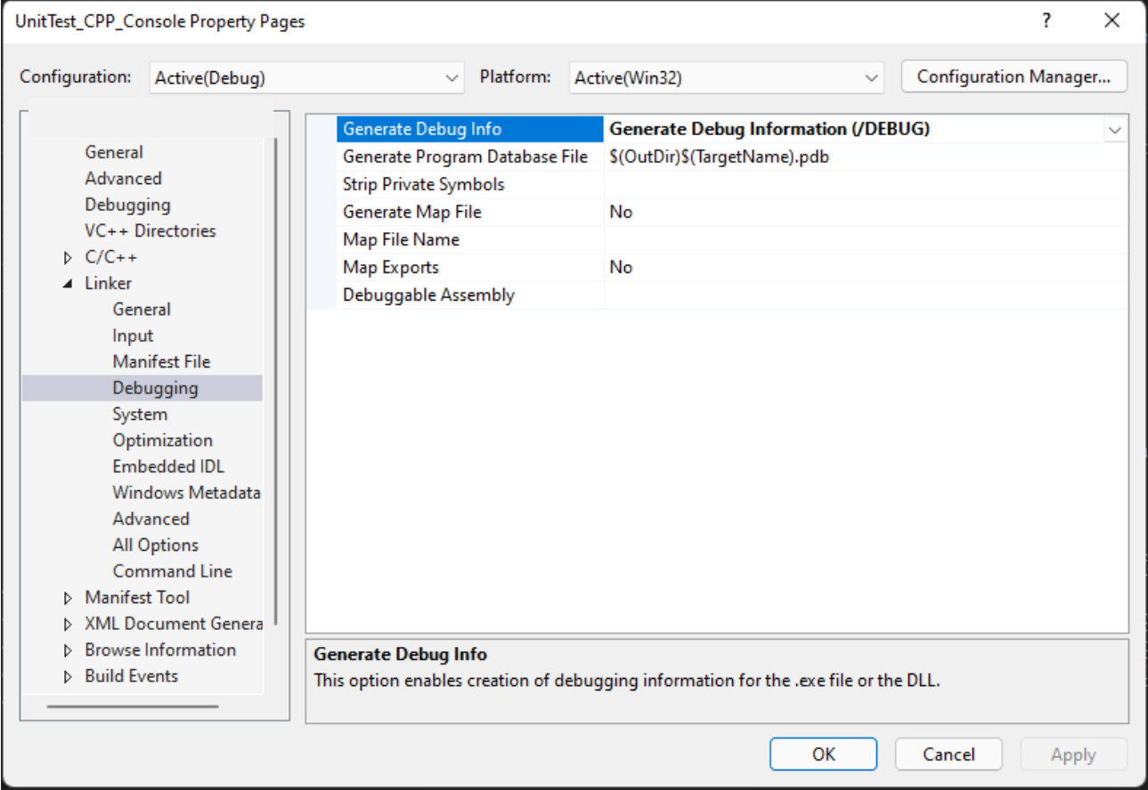 Capture d’écran montrant la page de propriétés Débogage.