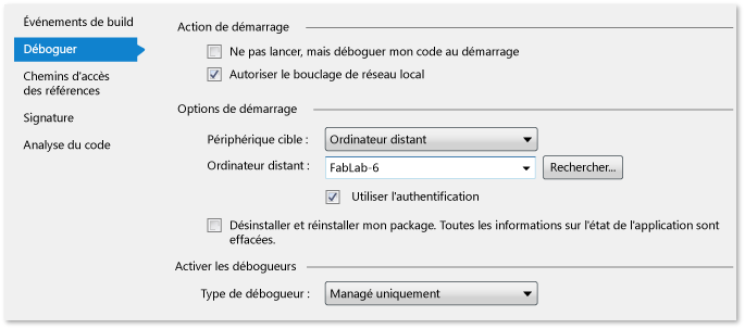 Propriétés de projet gérées pour le débogage à distance