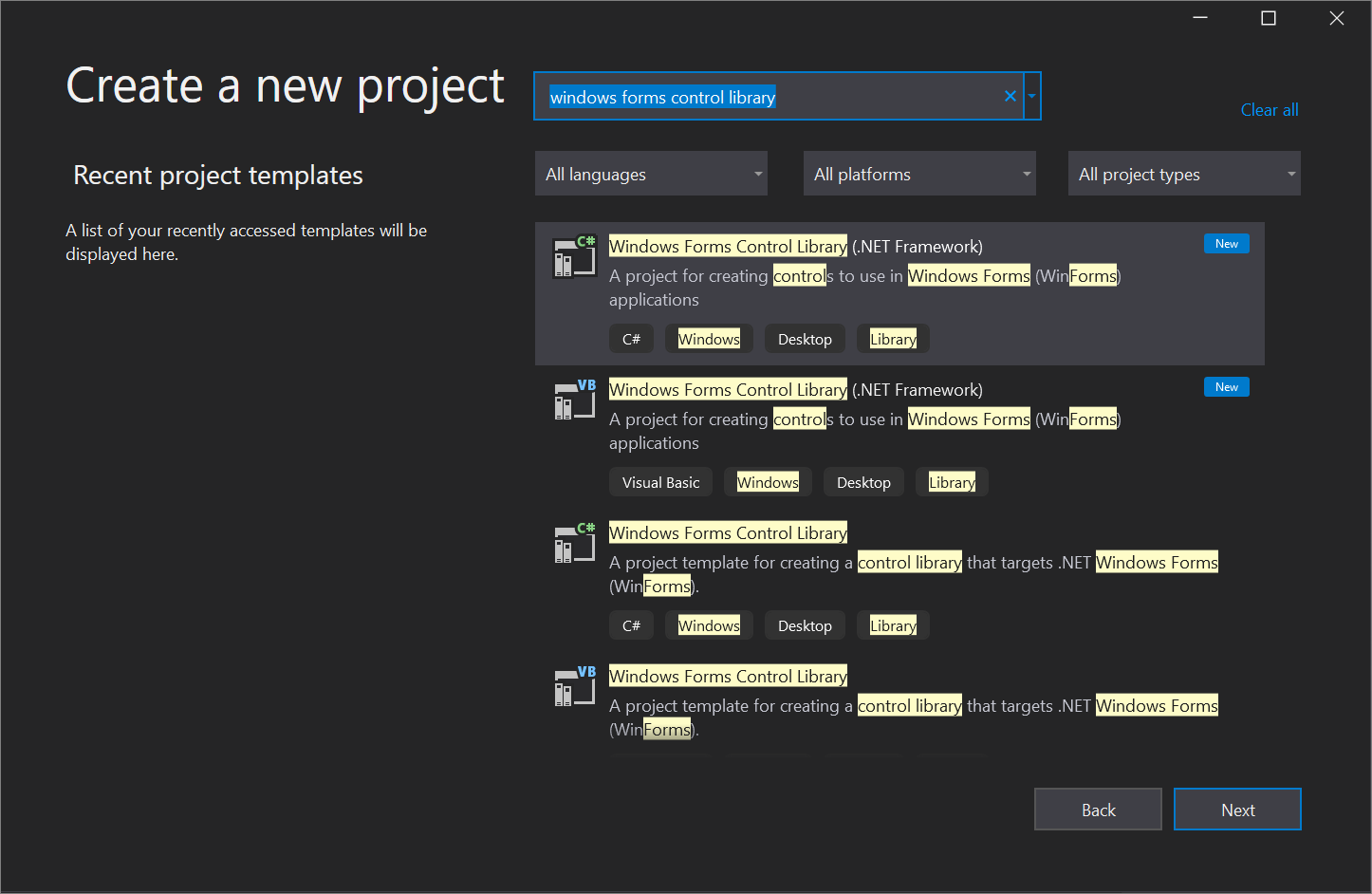 Screenshot of the Windows Forms Control Library template in Visual Studio.