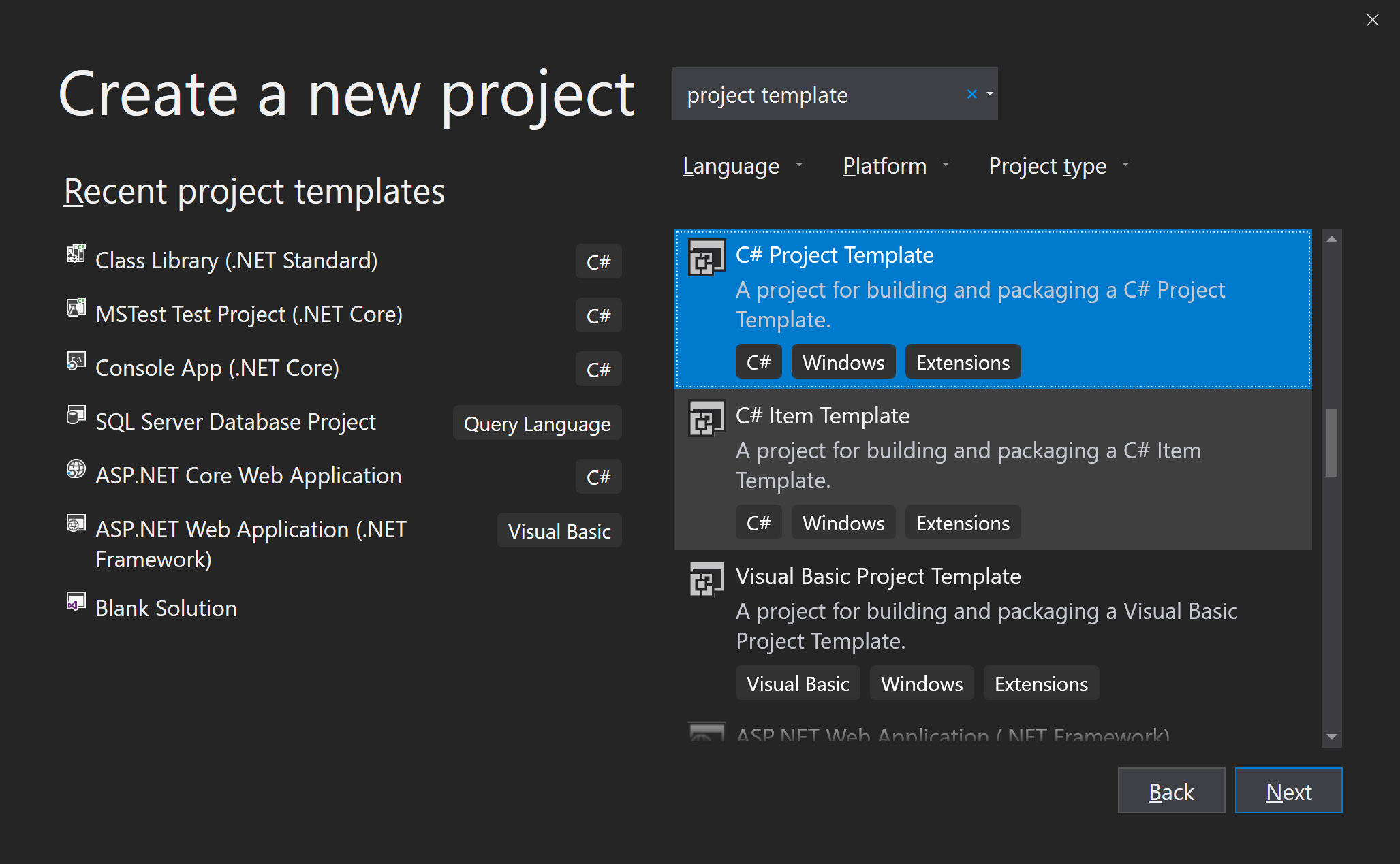 Screenshot of project template project selection.