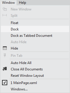 Commandes de gestion des fenêtres dans le menu Fenêtre Visual Studio
