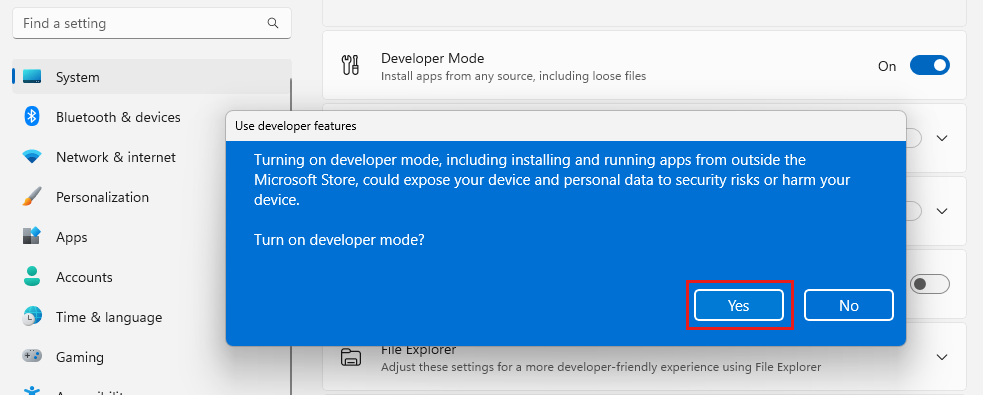 Screenshot showing the UWP Settings dialog box with the option for enabling Developer Mode.