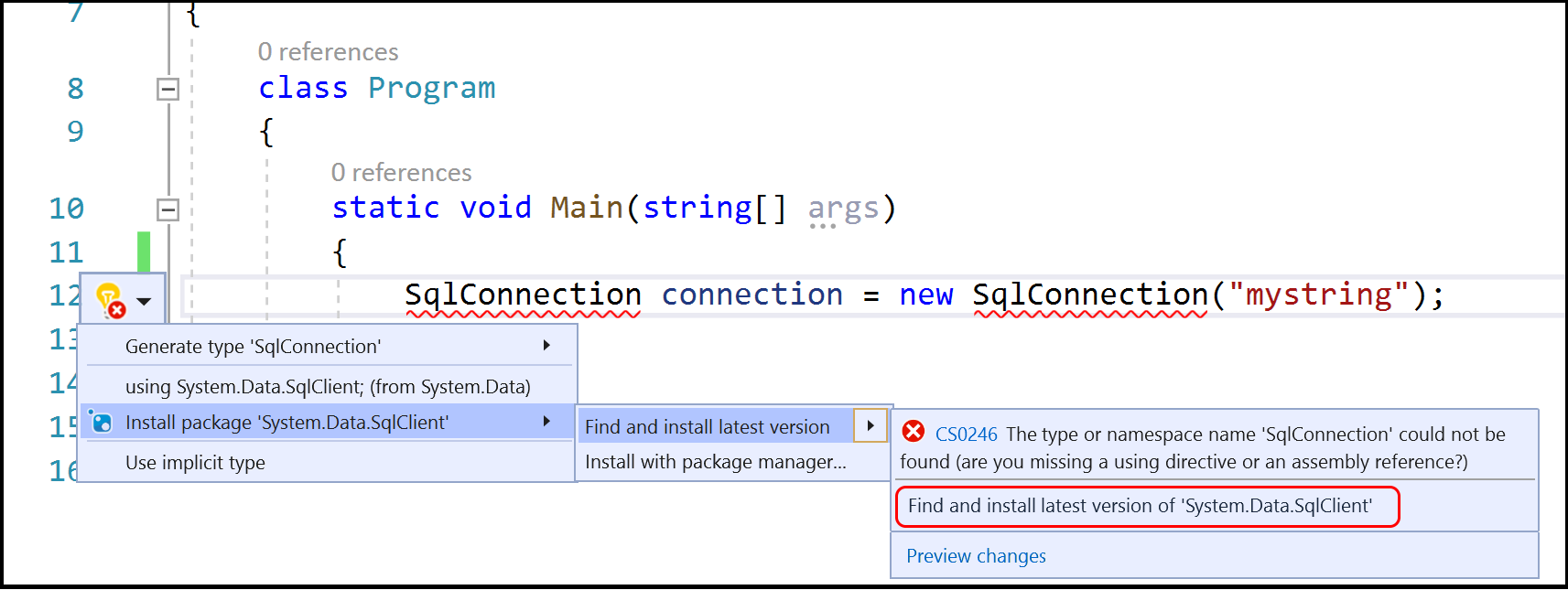 Capture d’écran d’une ampoule pour installer un package NuGet.