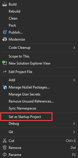 Capture d’écran montrant la définition du projet de démarrage.