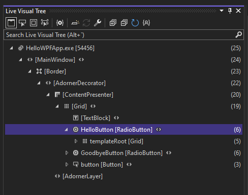 Capture d’écran de la fenêtre Arborescence d’éléments visuels en direct, montrant l’arborescence des éléments visuels dans HelloWPFApp.exe en cours d’exécution.