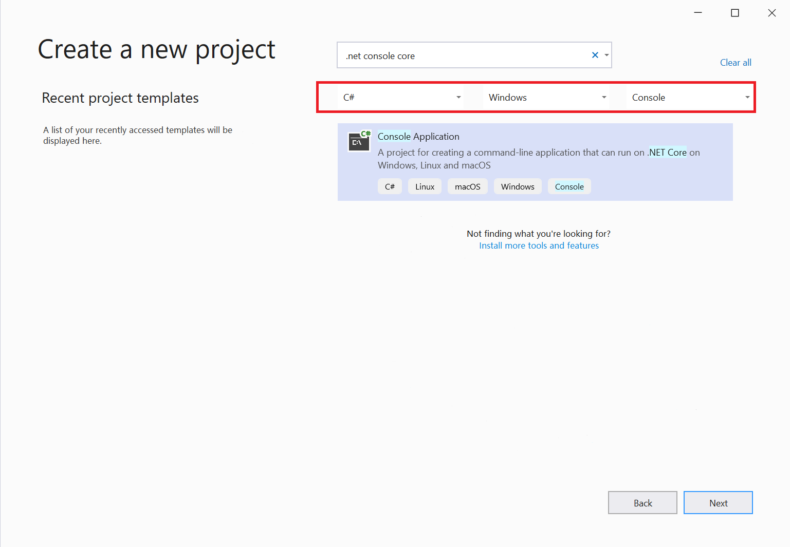 Capture d’écran de la fenêtre « Créer un projet » dans Visual Studio 2019, où vous sélectionnez le modèle souhaité.