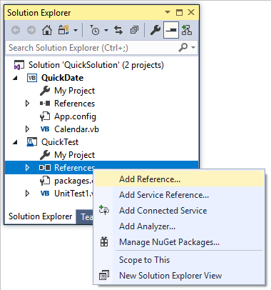 Capture d’écran montrant le menu contextuel du nœud Références dans le projet QuickTest, avec l’option « Ajouter une référence » sélectionnée.