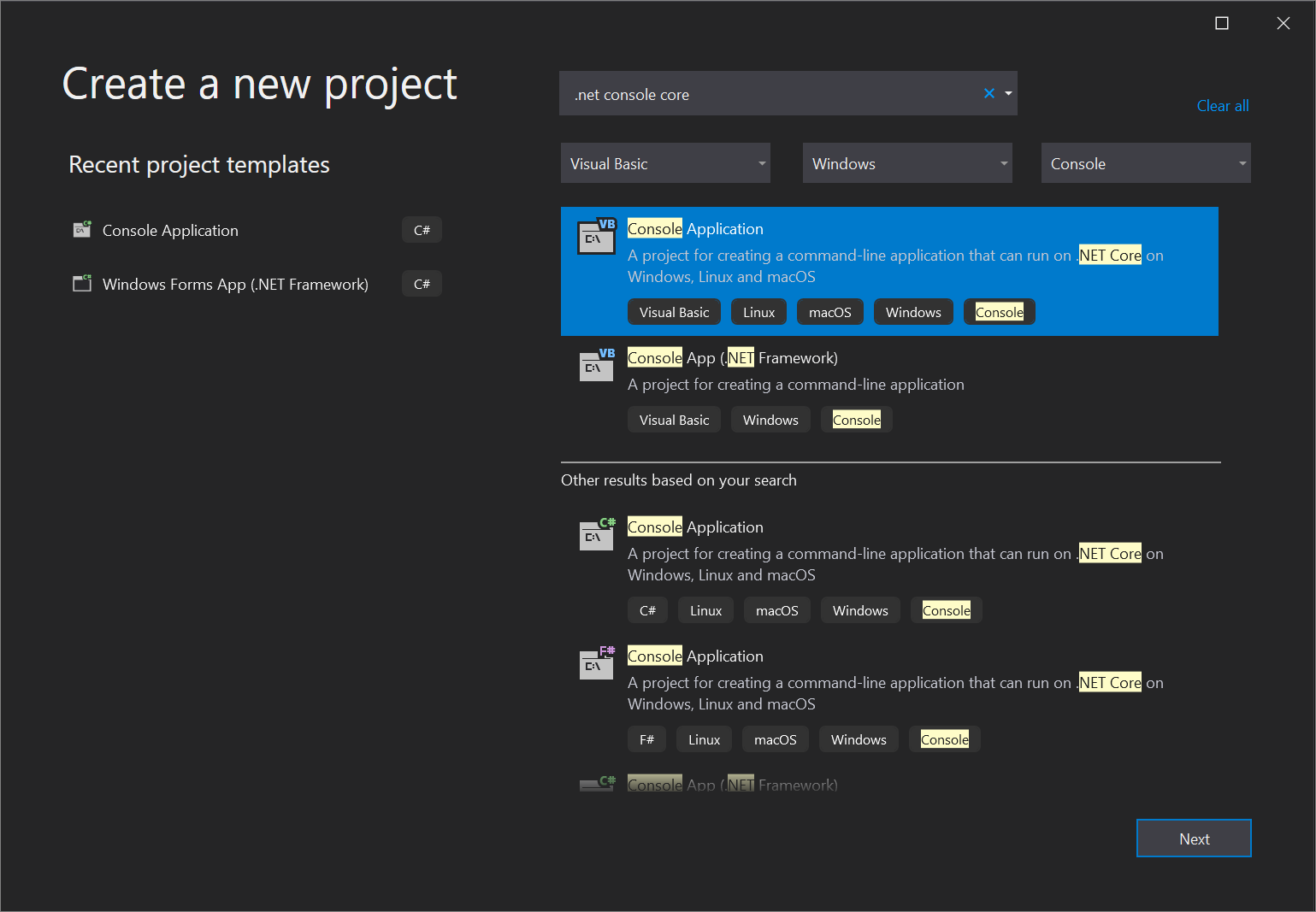 Capture d’écran de la fenêtre « Créer un projet » dans Visual Studio 2019, où vous sélectionnez le modèle souhaité.