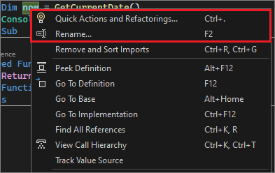 Capture d’écran du menu Refactorisation dans Visual Studio.
