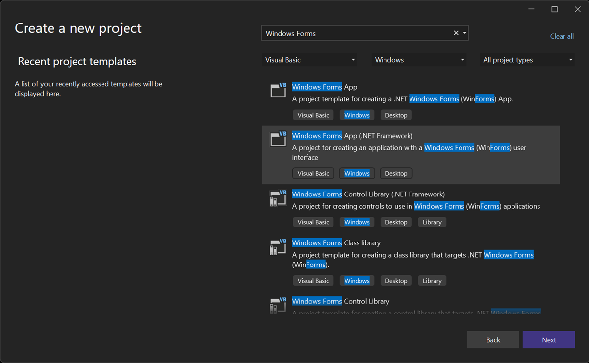 Screenshot shows the Create a new project window with Windows Forms App (.NET Framework) selected.