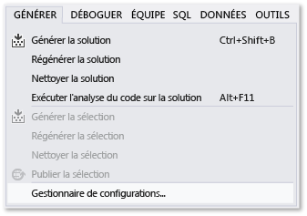 Screenshot of the Build menu, Configuration Manager command.