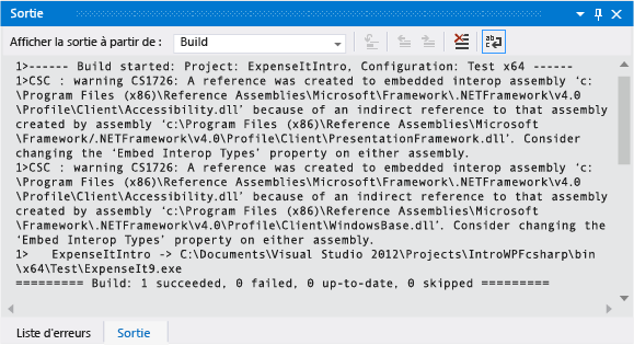 Screenshot of build warning in Output Window for C#.