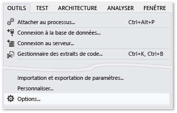 Screenshot of Options command on the Tools menu.
