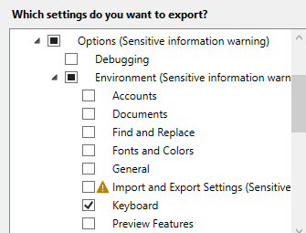 Capture d’écran montrant un exemple d’exportation uniquement de raccourcis clavier personnalisés.