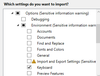 Capture d’écran montrant un exemple d’importation uniquement de raccourcis clavier personnalisés.