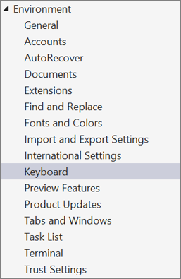 Capture d’écran des options de l’environnement dans Visual Studio 2022 avec l’option Clavier sélectionnée.