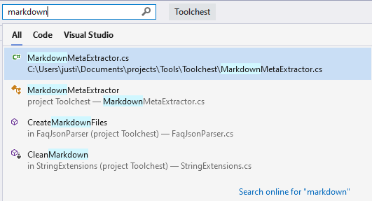 Capture d’écran montrant un exemple de recherche d’un fichier à l’aide de la recherche Visual Studio.