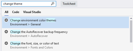 rechercher les paramètres et les options de Visual Studio.