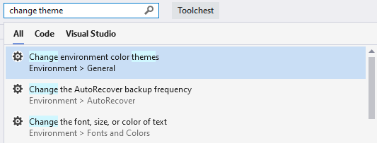 Search Visual Studio settings and options.
