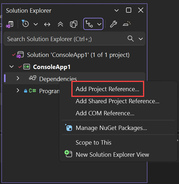 Capture d’écran de l’option Ajouter une référence de projet dans le menu contextuel du clic droit.