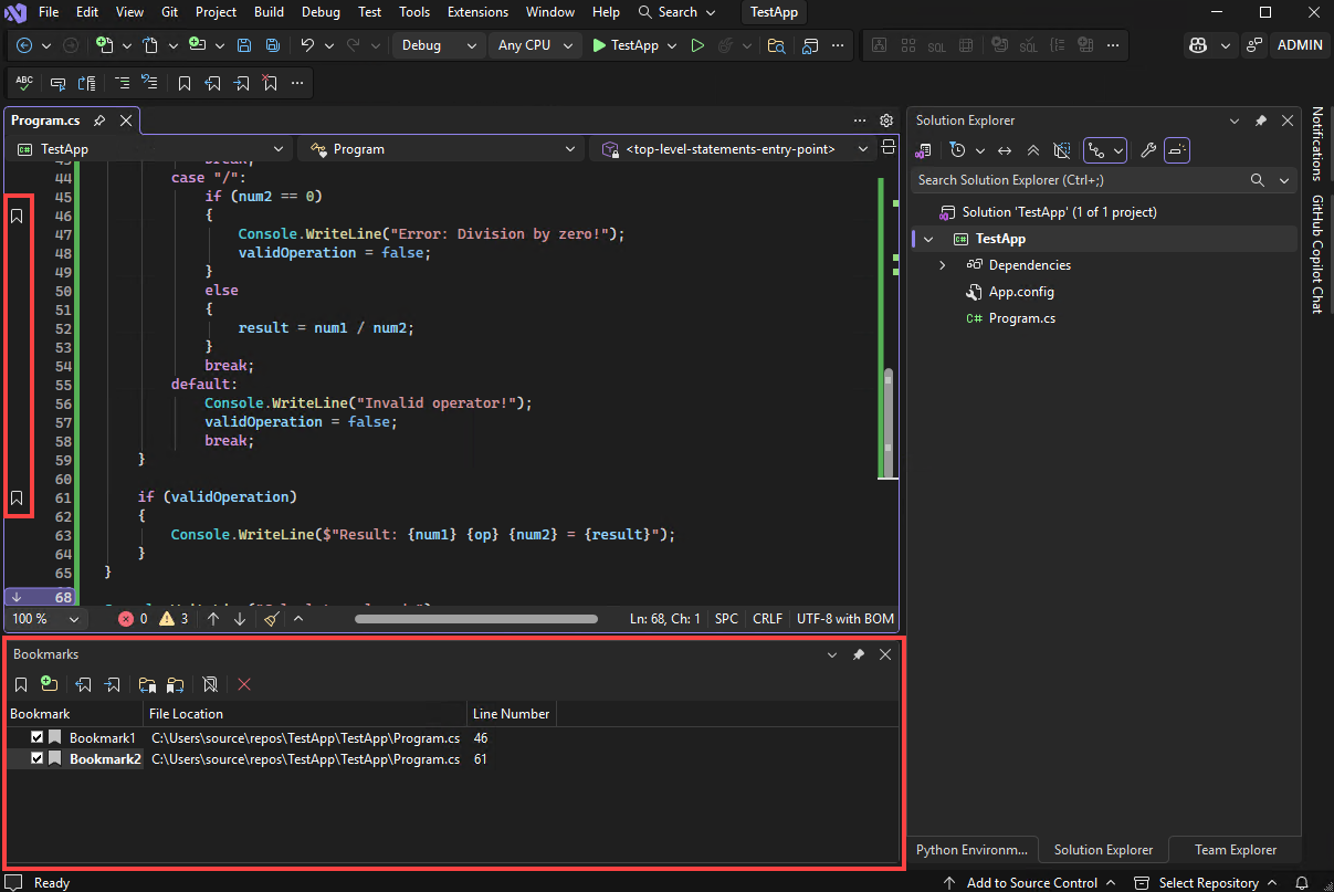 Screenshot de la fenêtre Signets dans Visual Studio qui contient des signets ajoutés.
