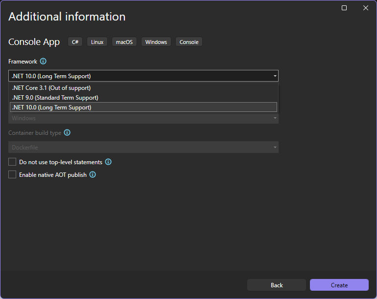 Capture d’écran de la boîte de dialogue « Options supplémentaires » dans Visual Studio.