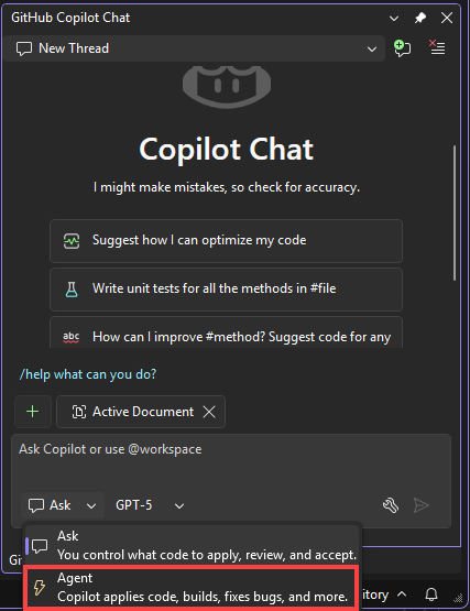 Screenshot du sélecteur de mode assistant Copilot.
