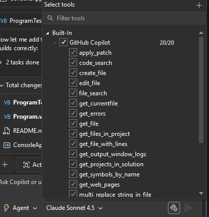 Capture d'écran qui affiche le sélecteur d’outils de l'agent Copilot.