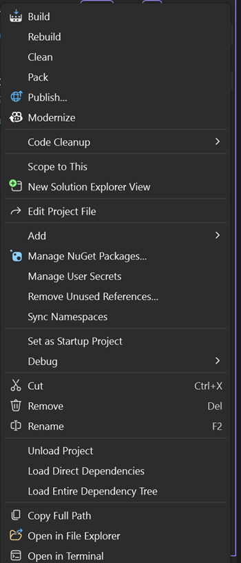 Capture d’écran du menu contextuel en cliquant avec le bouton droit sur un nœud de projet dans l’Explorateur de solutions.