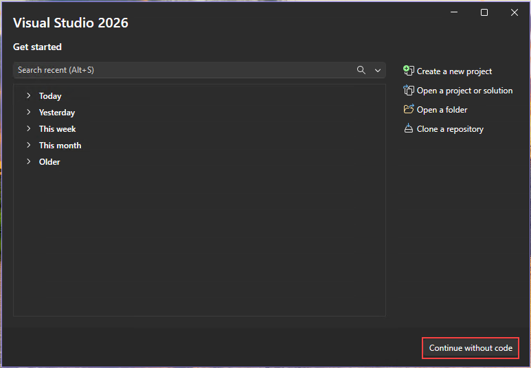 Capture d’écran de la fenêtre Démarrer avec l’option Continuer sans code sélectionnée.