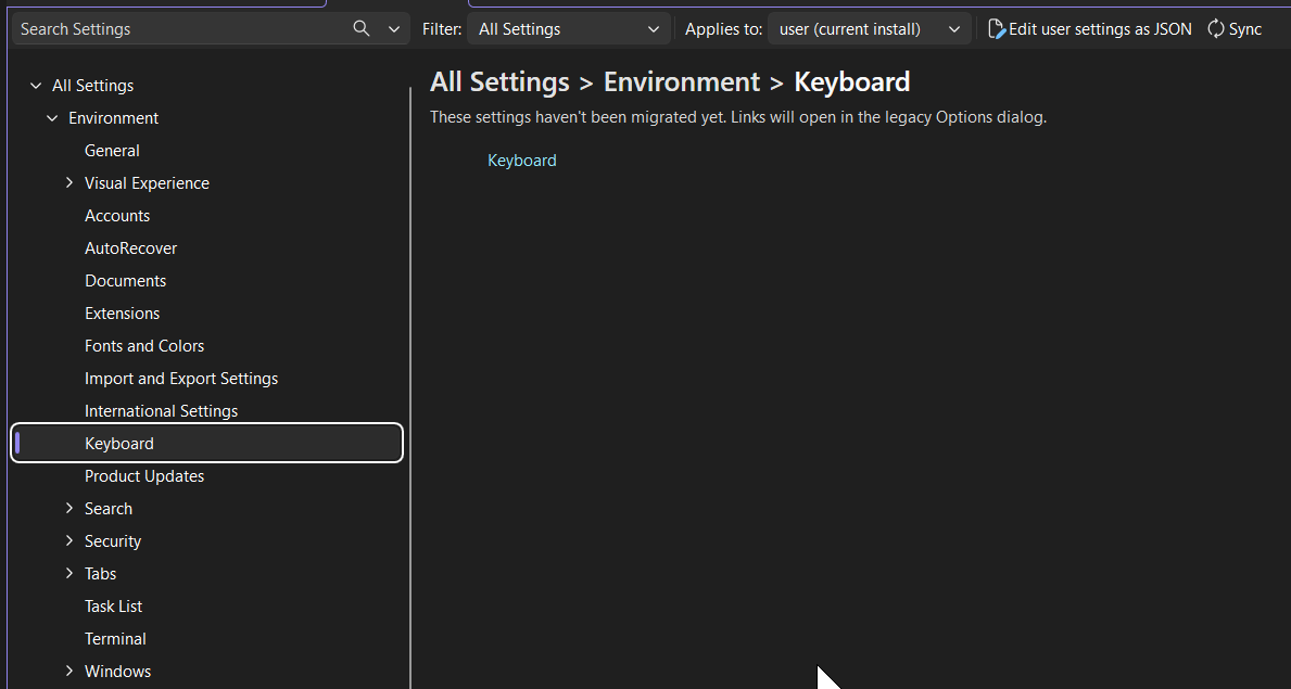 Capture d'écran des options d'environnement dans Visual Studio avec l'option Clavier sélectionnée.