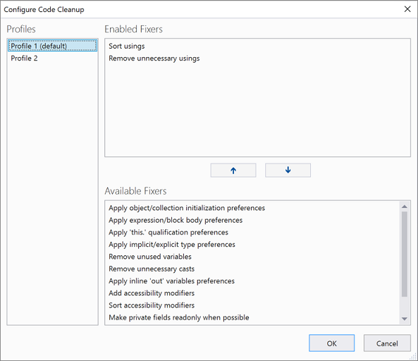 Capture d’écran du contrôle de nettoyage de code dans Visual Studio 2019