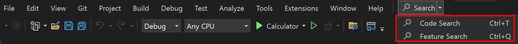 Capture d’écran de l’expérience de recherche tout-en-un à partir de la barre de menus de Visual Studio.