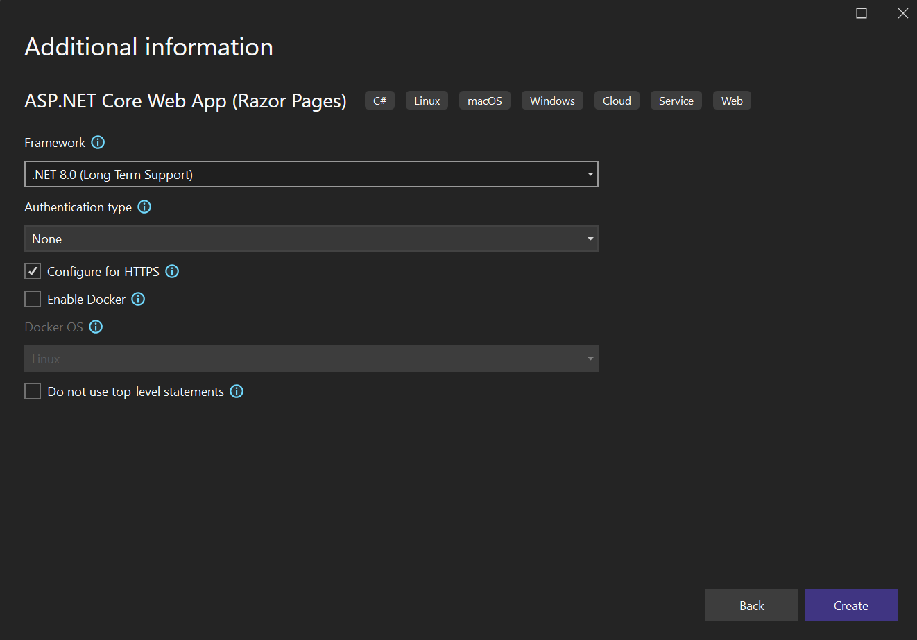 Screenshot of the Additional Information dialog in Visual Studio 2022 showing the selected .NET Framework version for the new project.