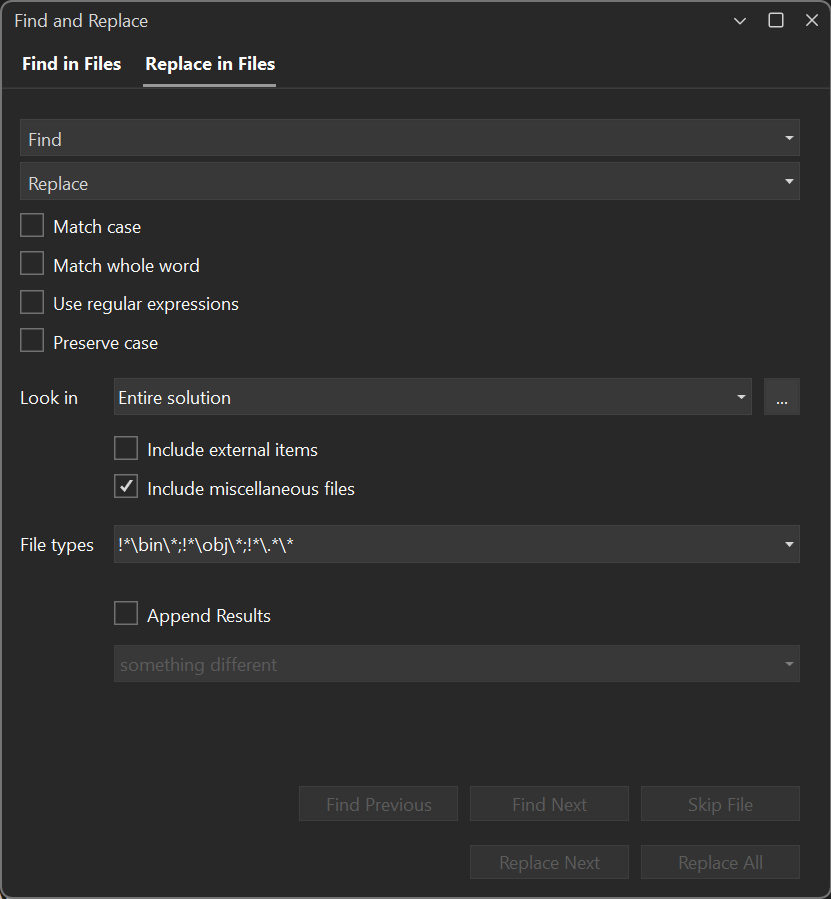 Capture d’écran de la boîte de dialogue Rechercher et remplacer dans Visual Studio 2022, avec l’onglet Remplacer dans les fichiers ouvert.
