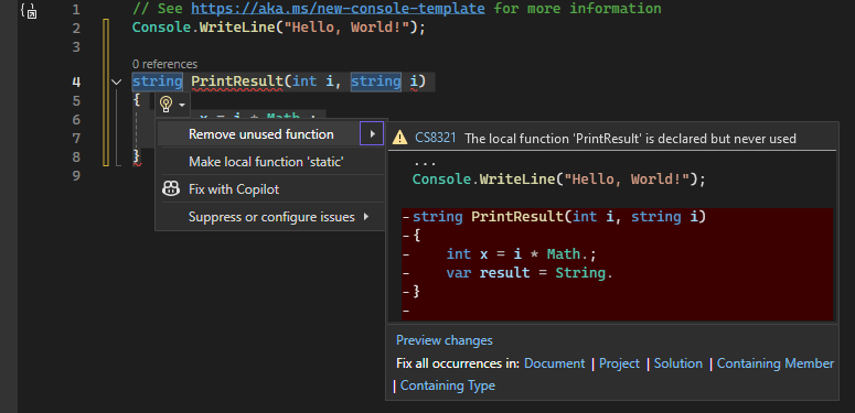 Capture d’écran montrant les détails de la recommandation Action rapide avec l’icône d’ampoule dans Visual Studio.