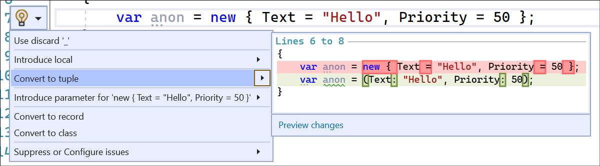 Capture d’écran de convertir le type anonyme en tuple.