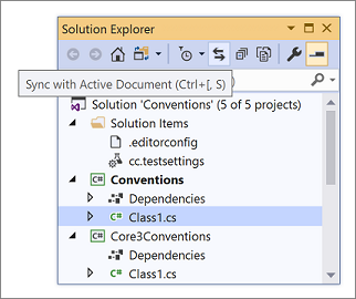 Screenshot of Sync with active document in Solution Explorer.