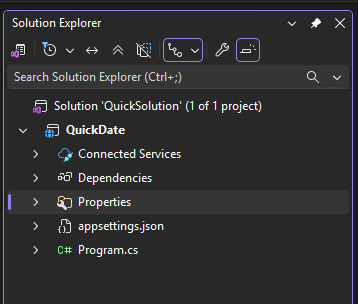 capture d’écran de l’Explorateur de solutions avec un nœud Propriétés visible.