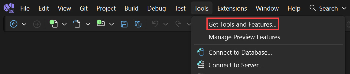 Capture d’écran du menu Outils Visual Studio. Obtenir les outils et fonctionnalités est mis en surbrillance.