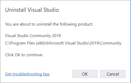 Capture d’écran montrant une boîte de dialogue pour confirmer que vous souhaitez désinstaller Visual Studio 2019.