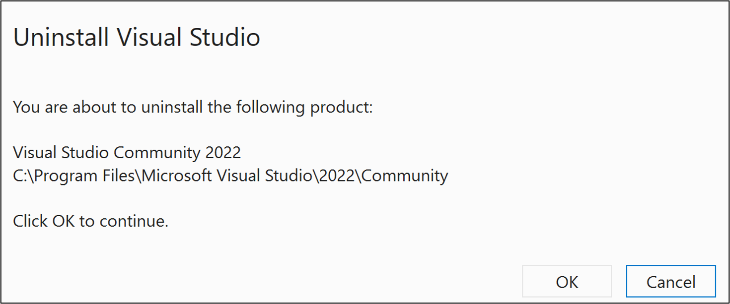 Capture d’écran montrant une boîte de dialogue pour confirmer que vous souhaitez désinstaller Visual Studio 2022.