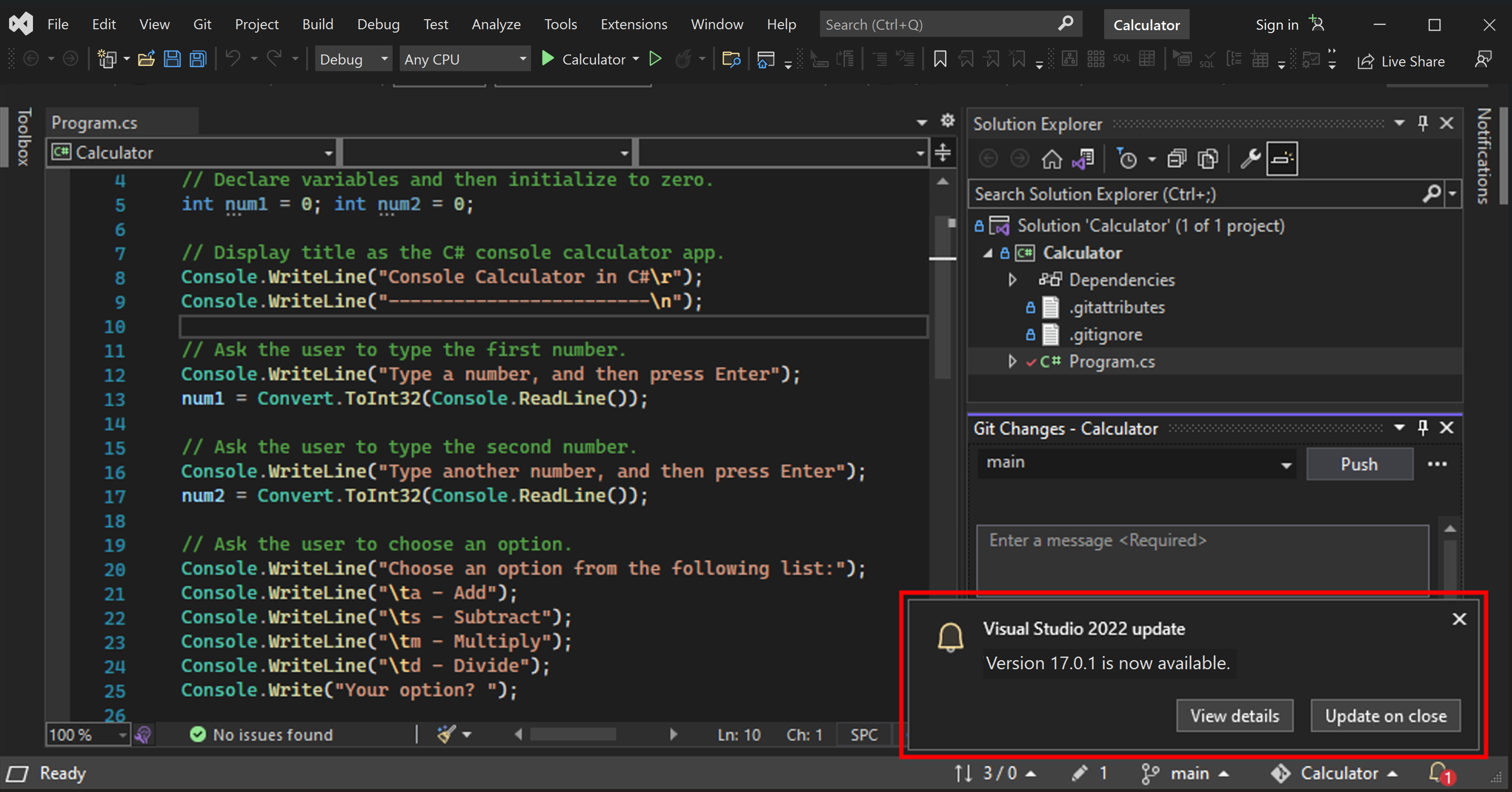 Capture d’écran montrant un message de mise à jour pour Visual Studio 2022 dans le coin inférieur droit de l’IDE Visual Studio.