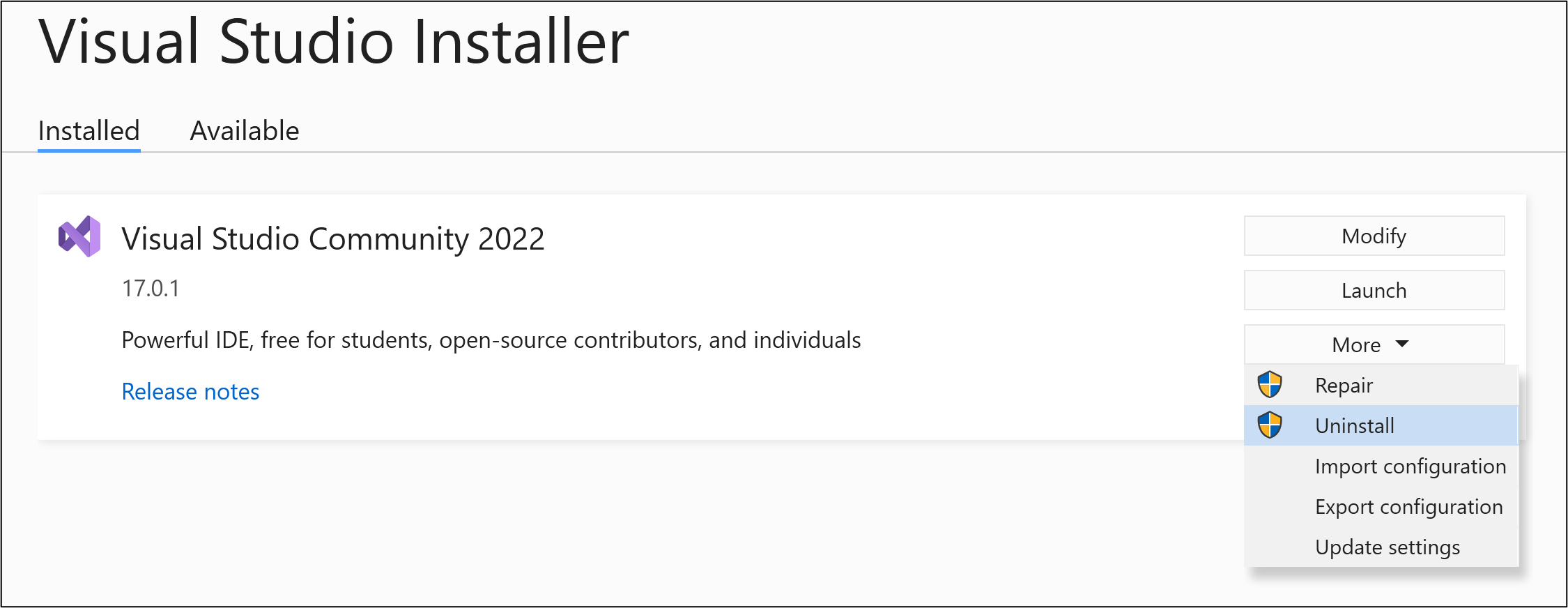 Capture d’écran montrant la version installée de Visual Studio 2022 avec Désinstaller sélectionné dans le menu Plus.