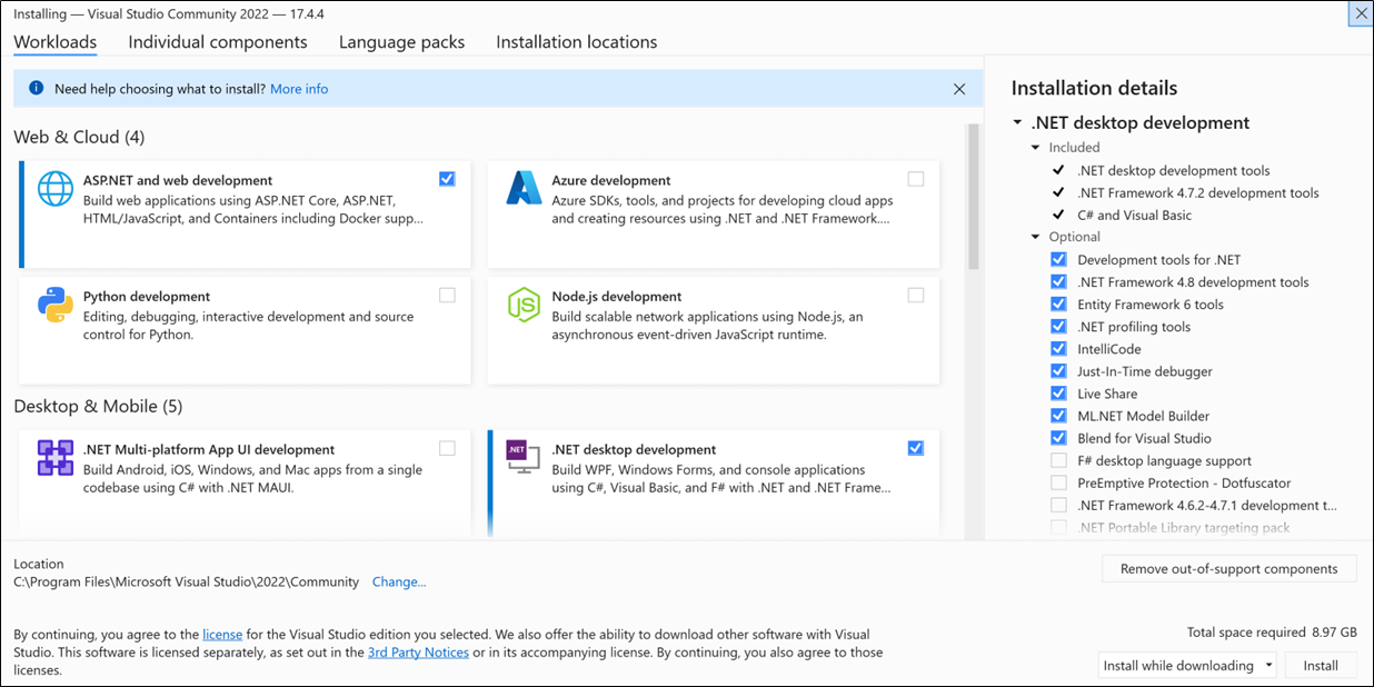 Capture d’écran montrant l’onglet Charges de travail de Visual Studio Installer.