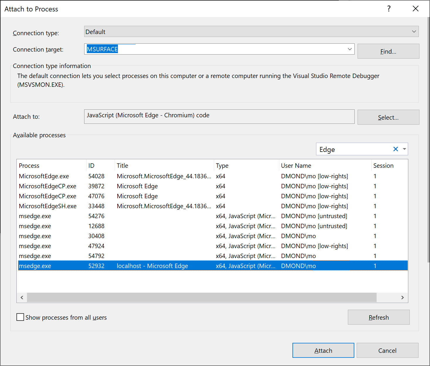 Screenshot showing the Attach to process dialog box.