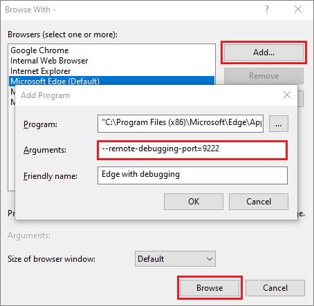 Screenshot that shows creating an Edge browser with debugging enabled.
