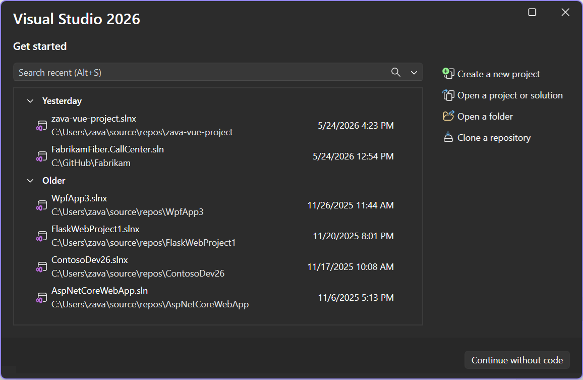 Screenshot de la fenêtre de démarrage lorsque Visual Studio ouvre.