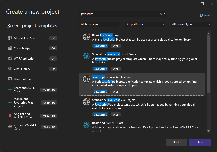 Screenshot qui montre comment utiliser le filtre « Rechercher des modèles » pour rechercher des modèles JavaScript dans la fenêtre de démarrage Visual Studio 2022 Start Window.
