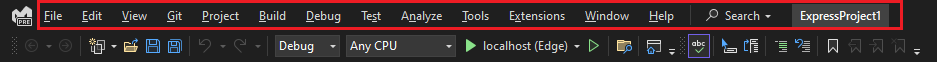 Screenshot de la barre de menus dans Visual Studio 2022.
